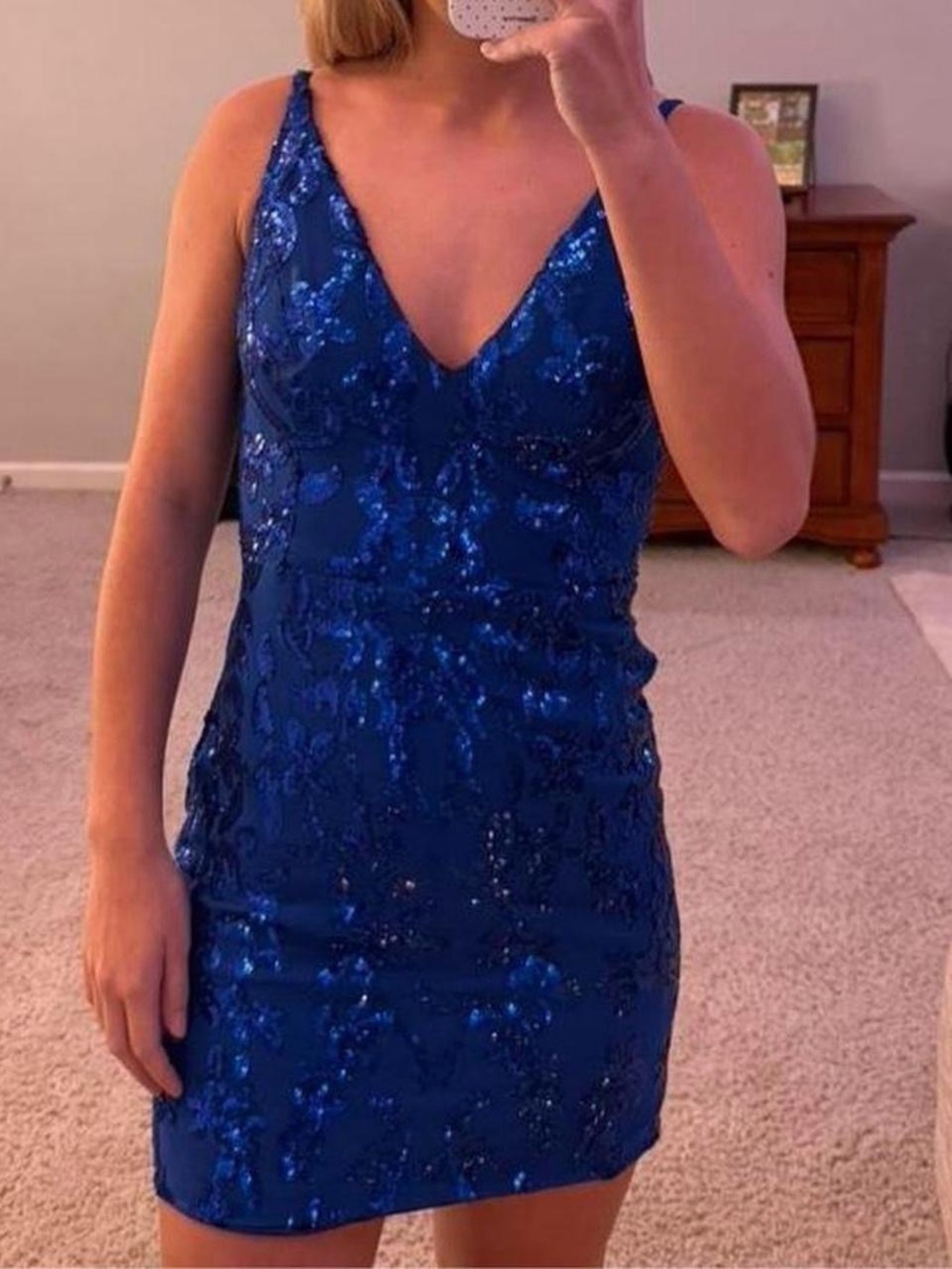 Elegant Blue Sequin V-Neck Mini Dress